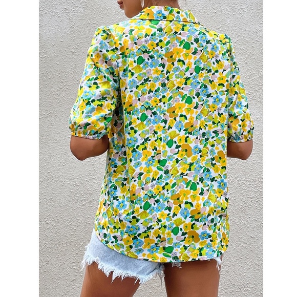 Floral Yellow Green Blue Button Down Puff Sleeve Shirt Lapel V-Neck - Picture 6 of 8